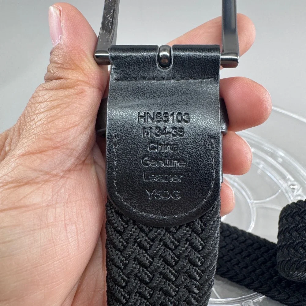 Mens Woven Braided Elastic Stretch Belt Black Genuine Leather Trim Size M 34-36